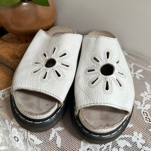 Early 2000's Y2K Dr Martens White Leather Slide Sandals with Flower Cutouts Vntg